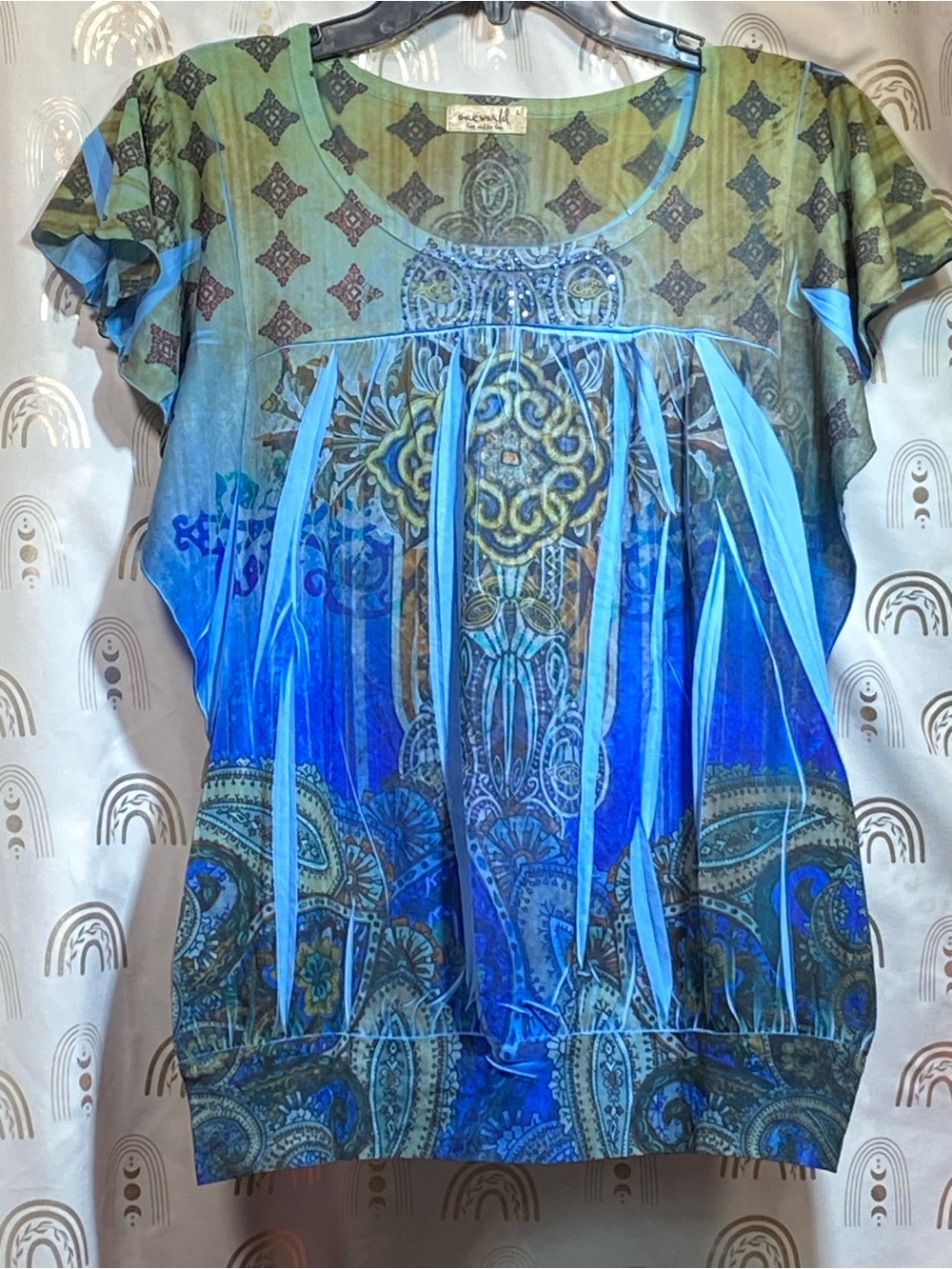 ONE WORLD Blue & Olive Printed Scoop Neck Short Sleeve Top